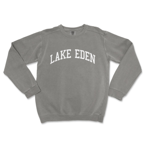 a grey sweatshirt with the word lake eden printed on it