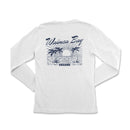 a white long - sleeved shirt with a sunset and palm trees