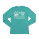 a women's long - sleeved shirt with a palm tree design on the