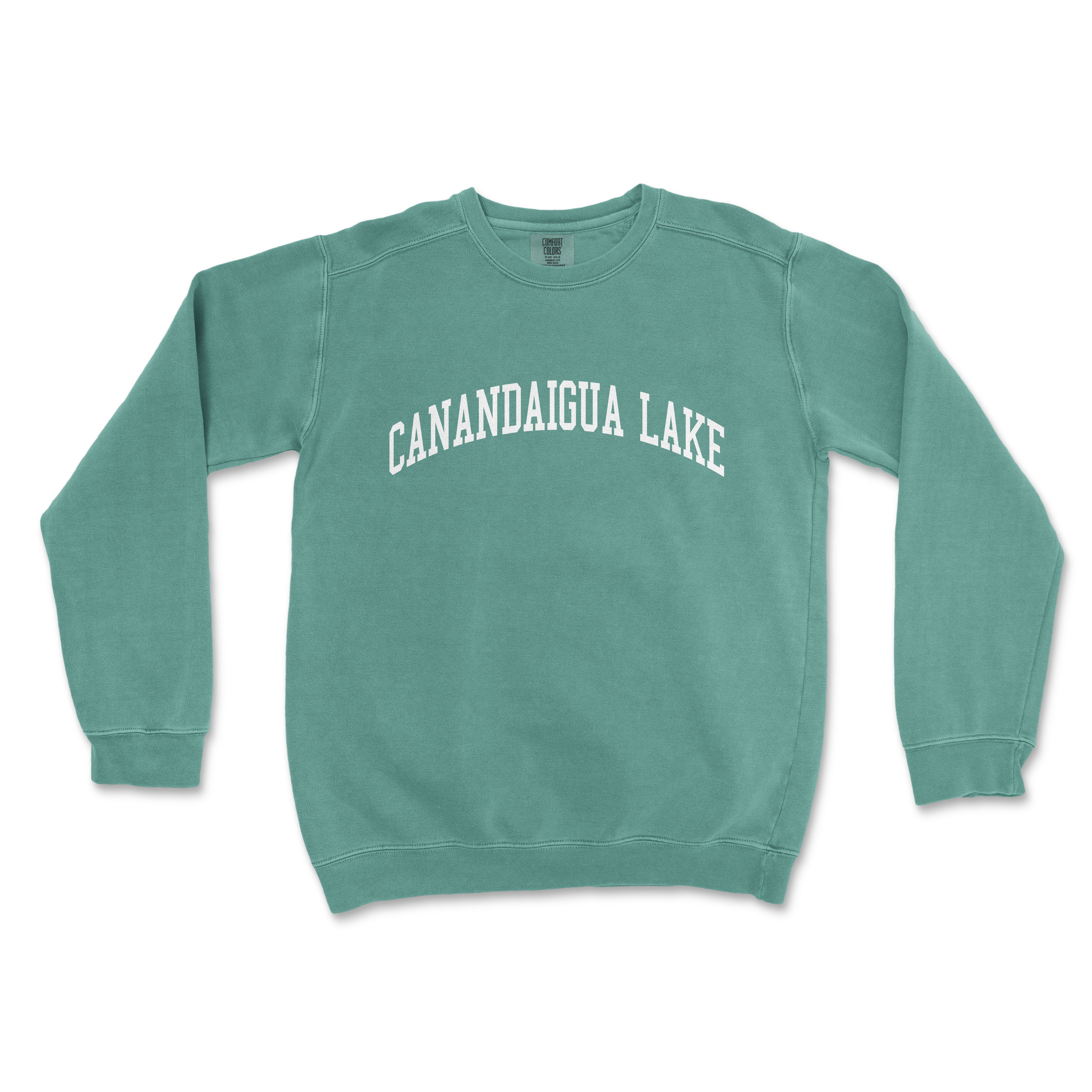 a green sweatshirt with the words canandaugaa lake printed on it