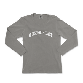 a grey long sleeve shirt that says horse shoe lake