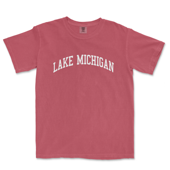 a red shirt with the word lake michigan on it