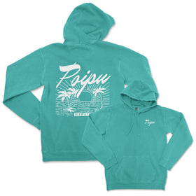 a turquoise hoodie with a picture of a boat and palm trees