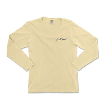 a women's long - sleeved shirt with a small embroidered logo on the