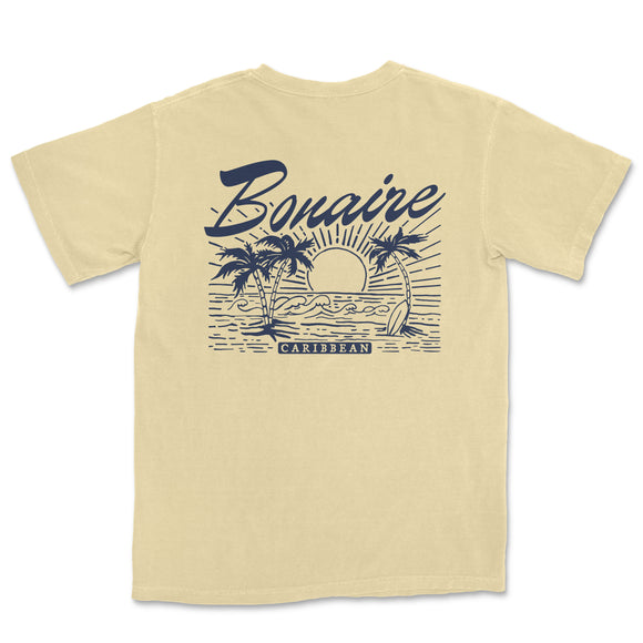 a t - shirt with a picture of a beach and palm trees