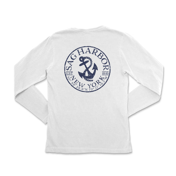 a white long sleeve shirt with a blue anchor on it