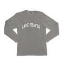 a gray long sleeve shirt that says lake shafer