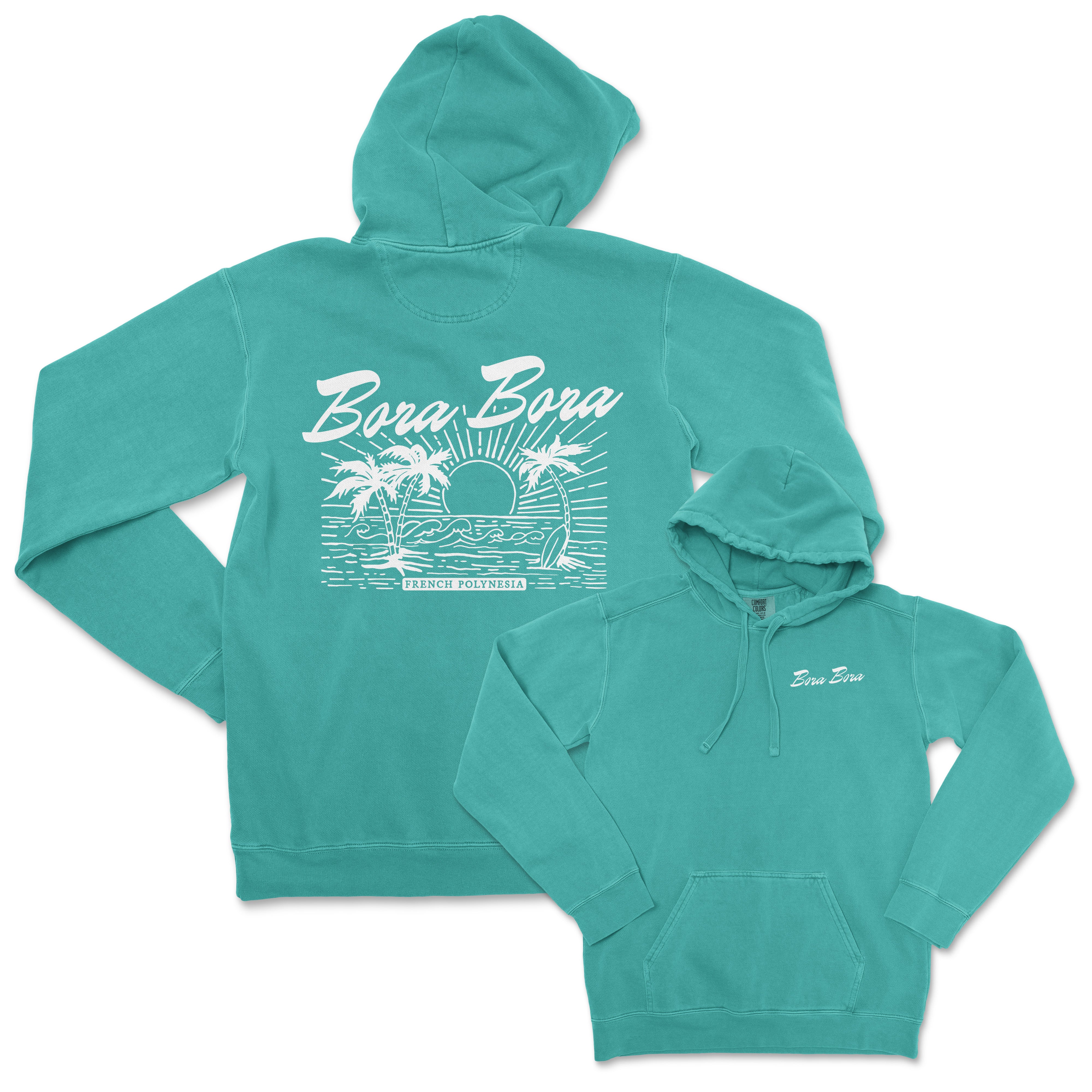 a turquoise sweatshirt with a white logo on it