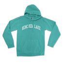 a teal hoodie with the hemock lake logo on it