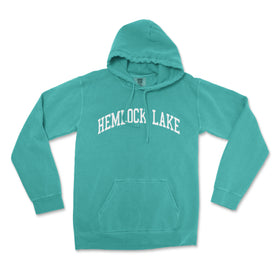 a teal hoodie with the hemock lake logo on it
