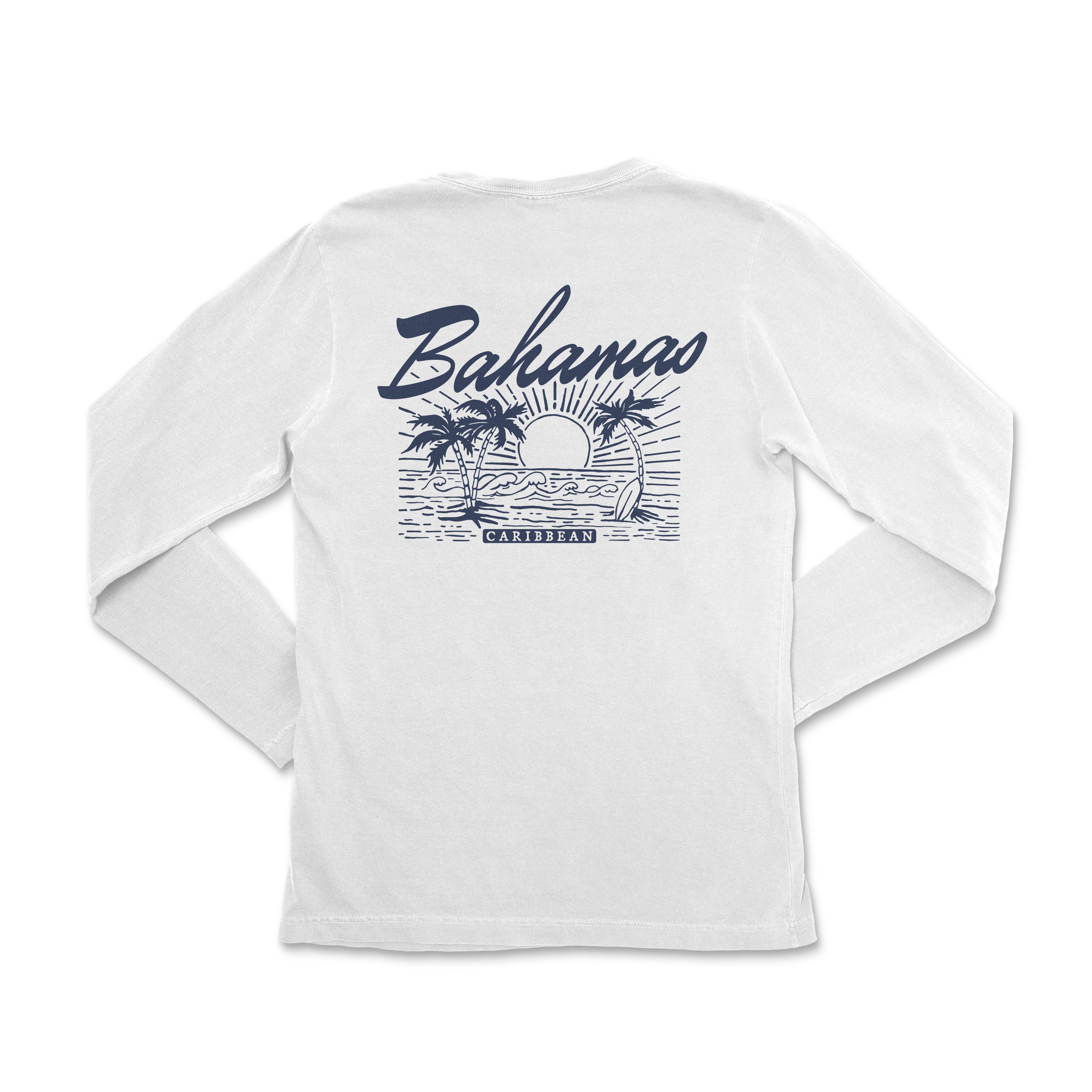 the back of a white long sleeve shirt with a palm tree and the words,