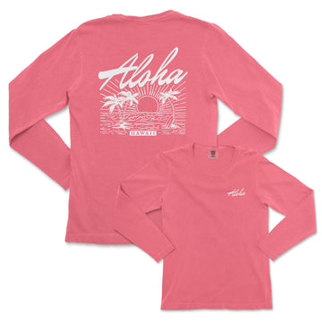 a women's pink long sleeve shirt with the words aloha on it
