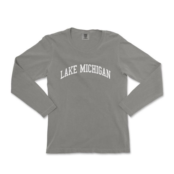 a gray long sleeve shirt that says lake michigan