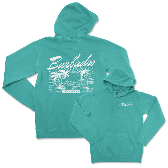 a green sweatshirt with the back print of a palm tree and the words barba