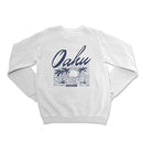 the back of a white sweatshirt with a blue and white design on it