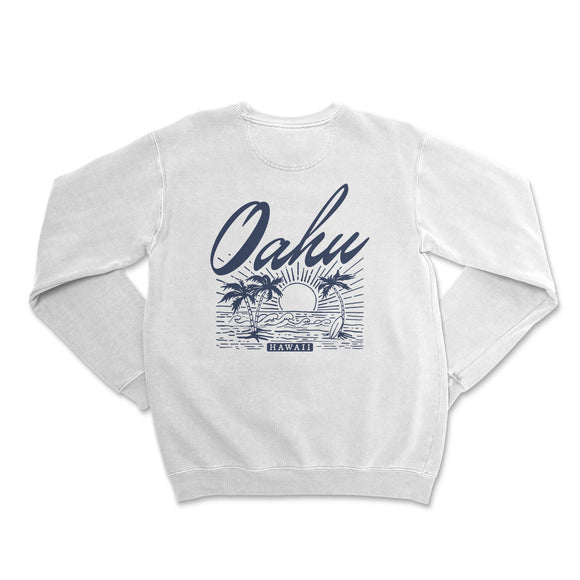 the back of a white sweatshirt with a blue and white design on it
