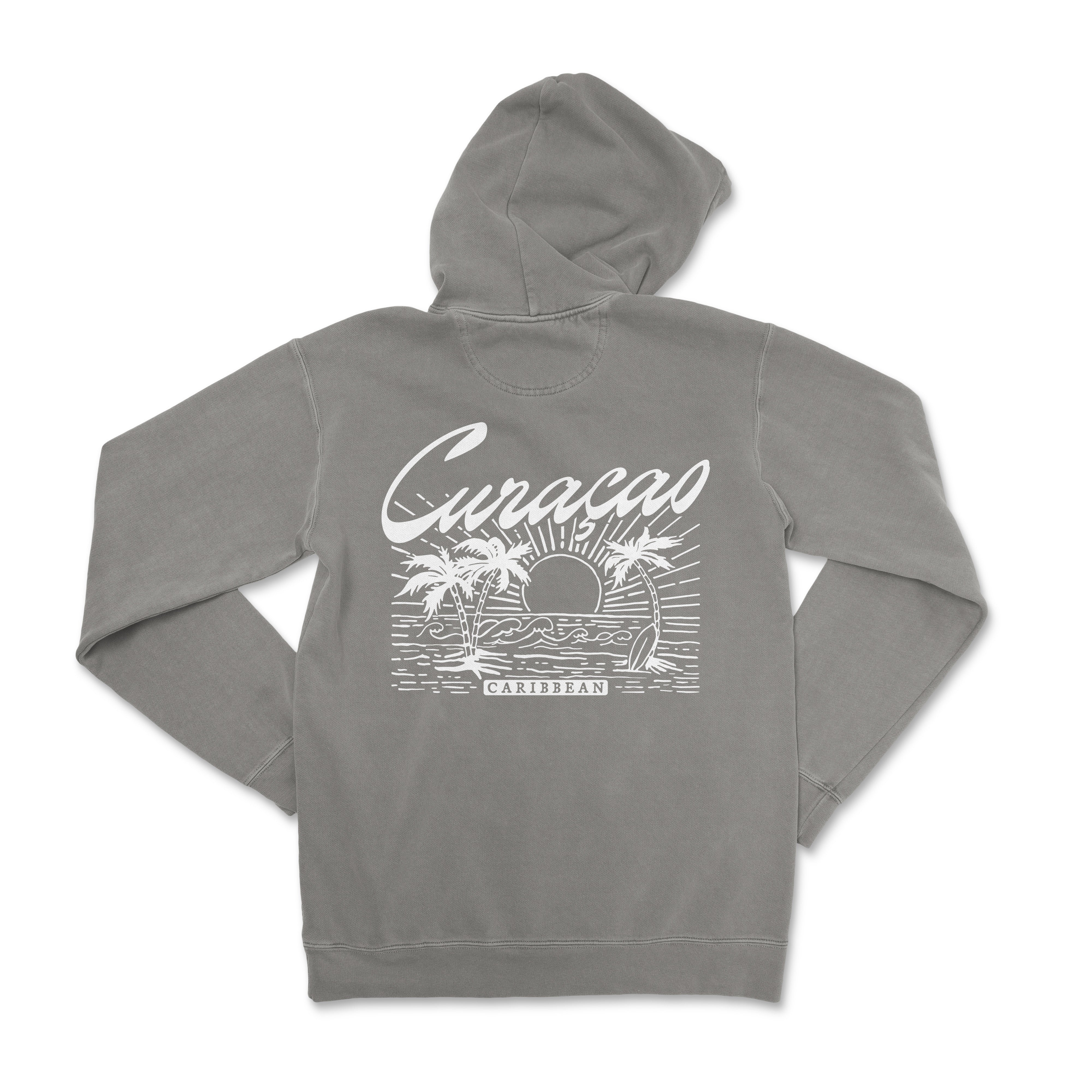 a gray hoodie with a picture of a sunset and palm trees