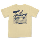 a yellow t - shirt with a surfboard and palm trees