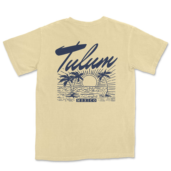 a yellow t - shirt with a surfboard and palm trees
