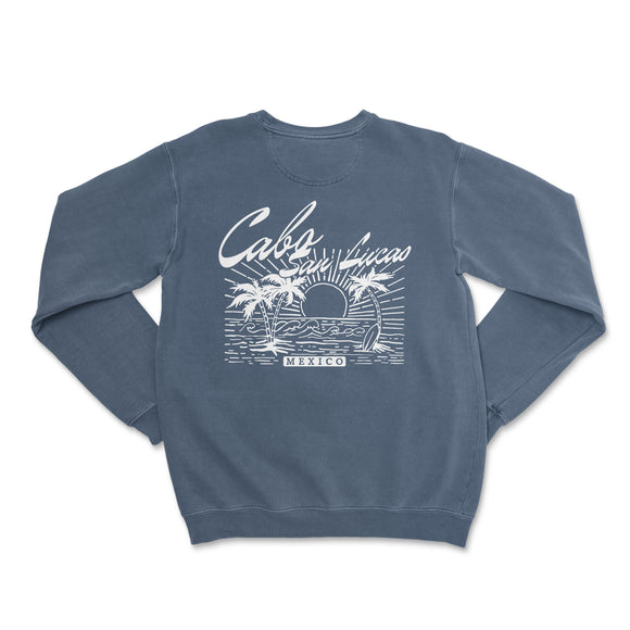 the back of a blue sweatshirt with a palm tree on it