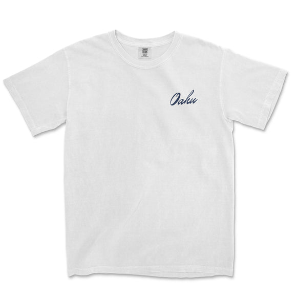 a white t - shirt with a blue logo on the chest