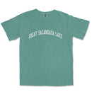 a green t - shirt with the words great sacadaga lake printed on it