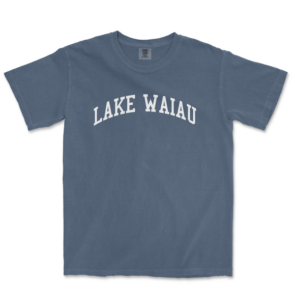 a blue lake waiu t - shirt with the word lake waiu in white