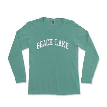 a women's long sleeve t - shirt with the word beach lake in white