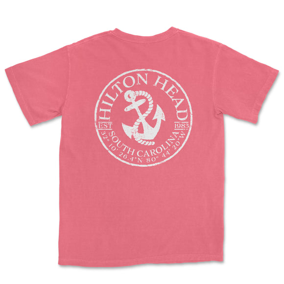a pink shirt with an anchor and the words hilton head on it
