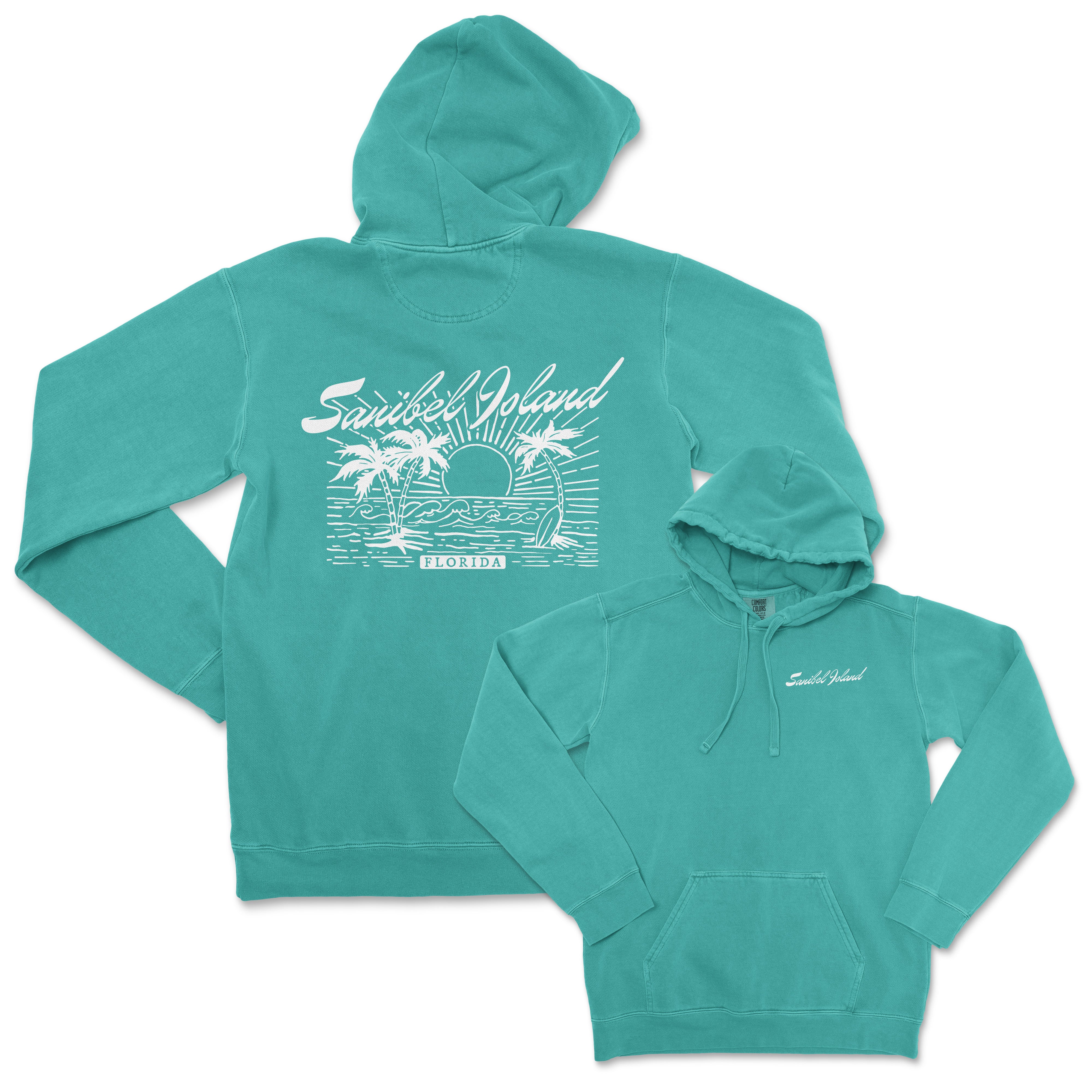 a green hoodie with a palm tree on it