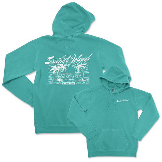 a green hoodie with a palm tree on it