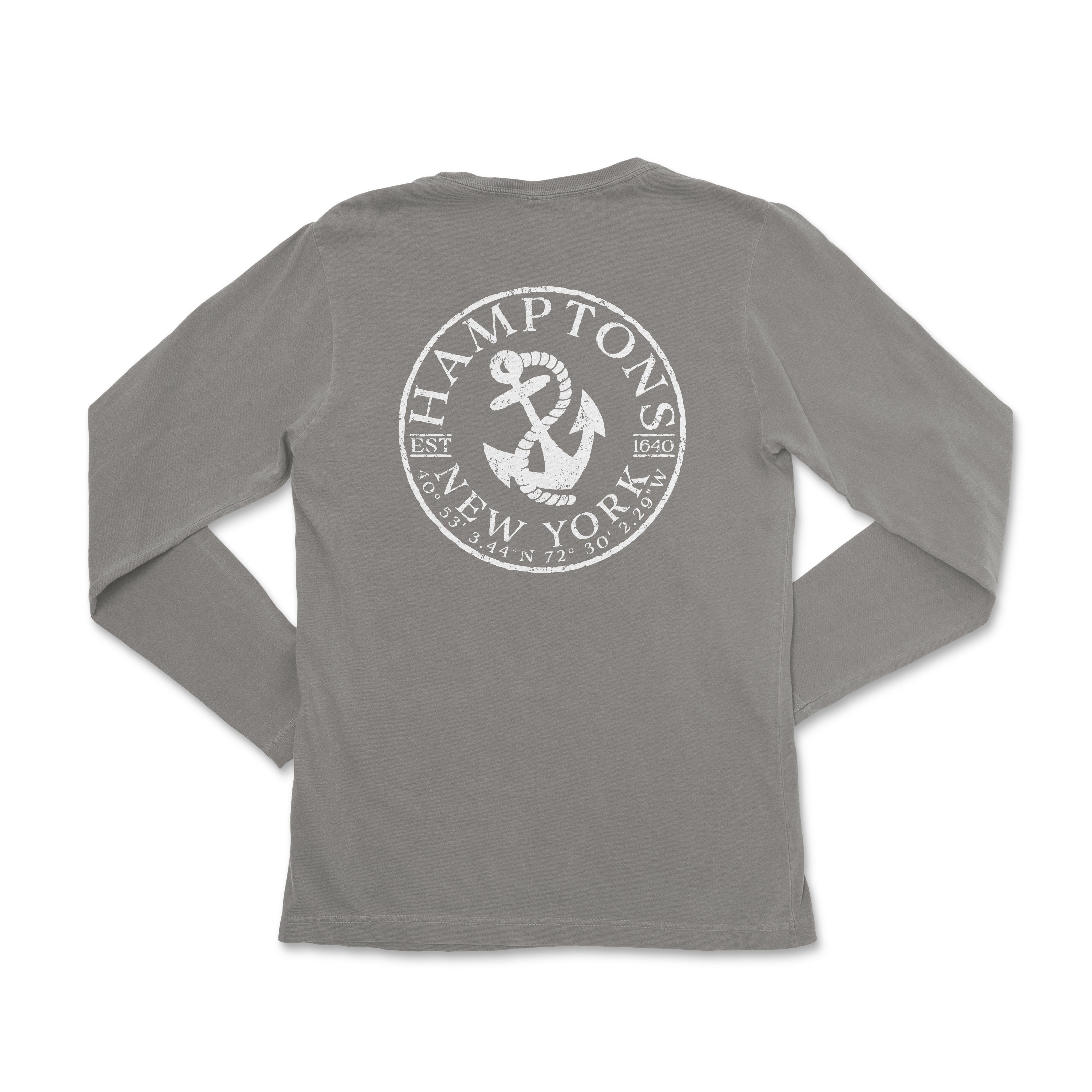 a gray long - sleeved shirt with an anchor and the words, new york