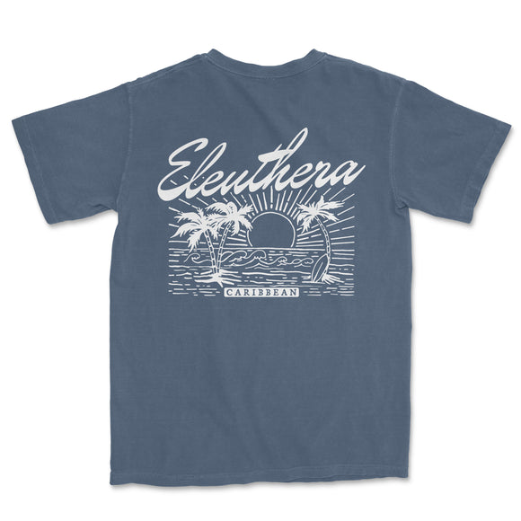 a blue t - shirt with the words eleuthera on it