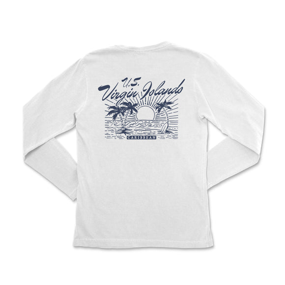 a white long - sleeved shirt with a palm tree on it