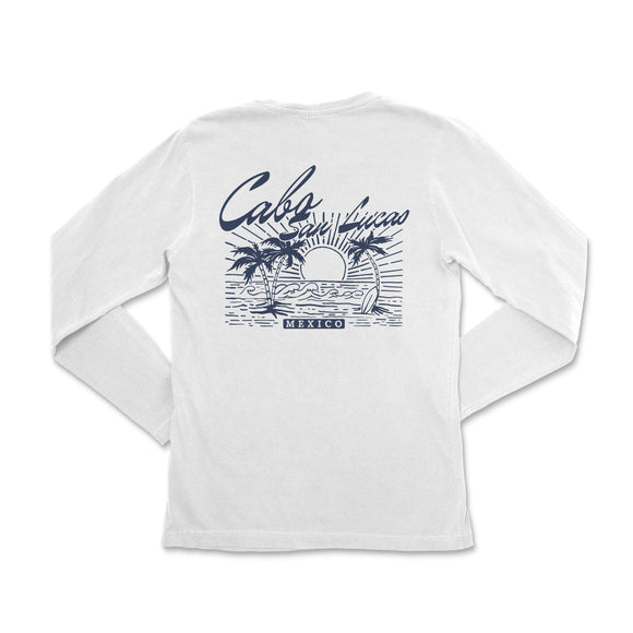 the back of a white long sleeve shirt with a palm tree on it