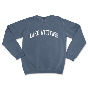 a blue sweatshirt with the words lake atttash printed on it