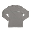 a grey long sleeve shirt with a white embroidered logo
