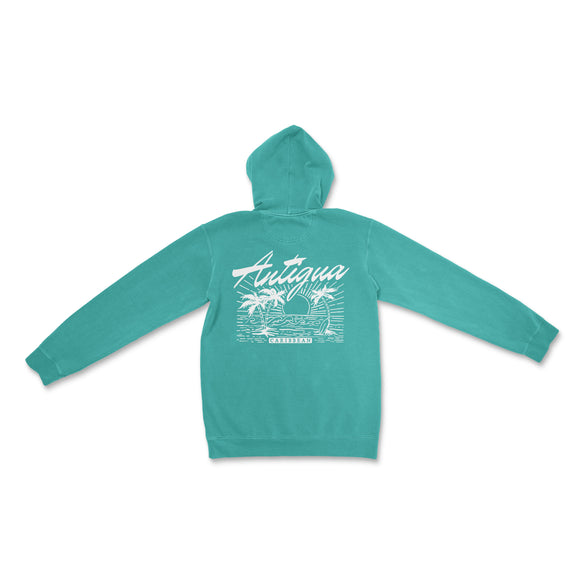 a turquoise sweatshirt with a white logo on it
