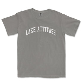 a gray shirt with the words lake attash printed on it