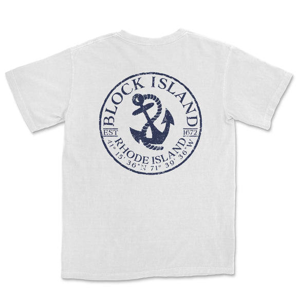 a white t - shirt with an anchor and the words block island on it