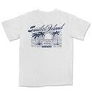 a white t - shirt with a sunset and palm trees