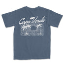 a blue t - shirt with a picture of a boat and palm trees