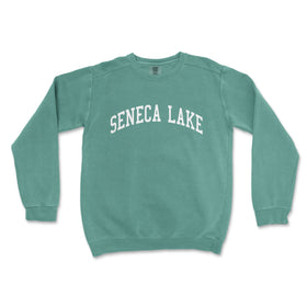 a green sweatshirt with the word sencaa lake printed on it