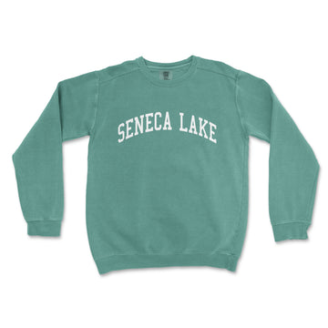 a green sweatshirt with the word sencaa lake printed on it