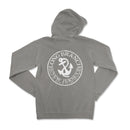 a gray sweatshirt with a white logo on it