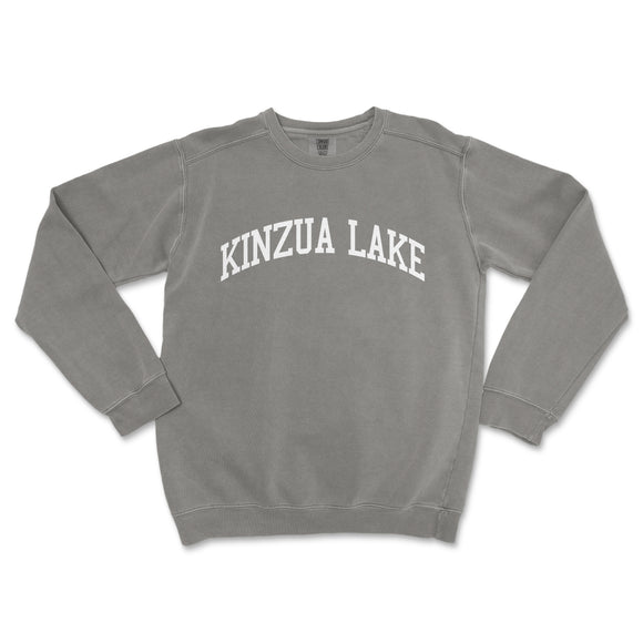 a gray sweatshirt with the words kinzua lake printed on it