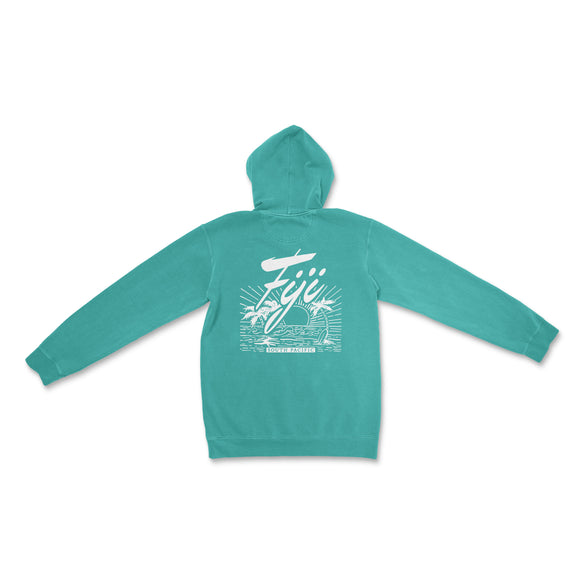 a turquoise hoodie with a surf design on it