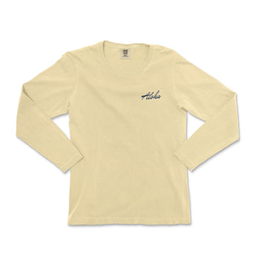 a women's long sleeve shirt with a small embroidered logo on the chest