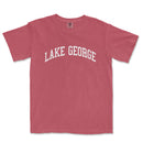 a red lake george t - shirt with the word lake george on it
