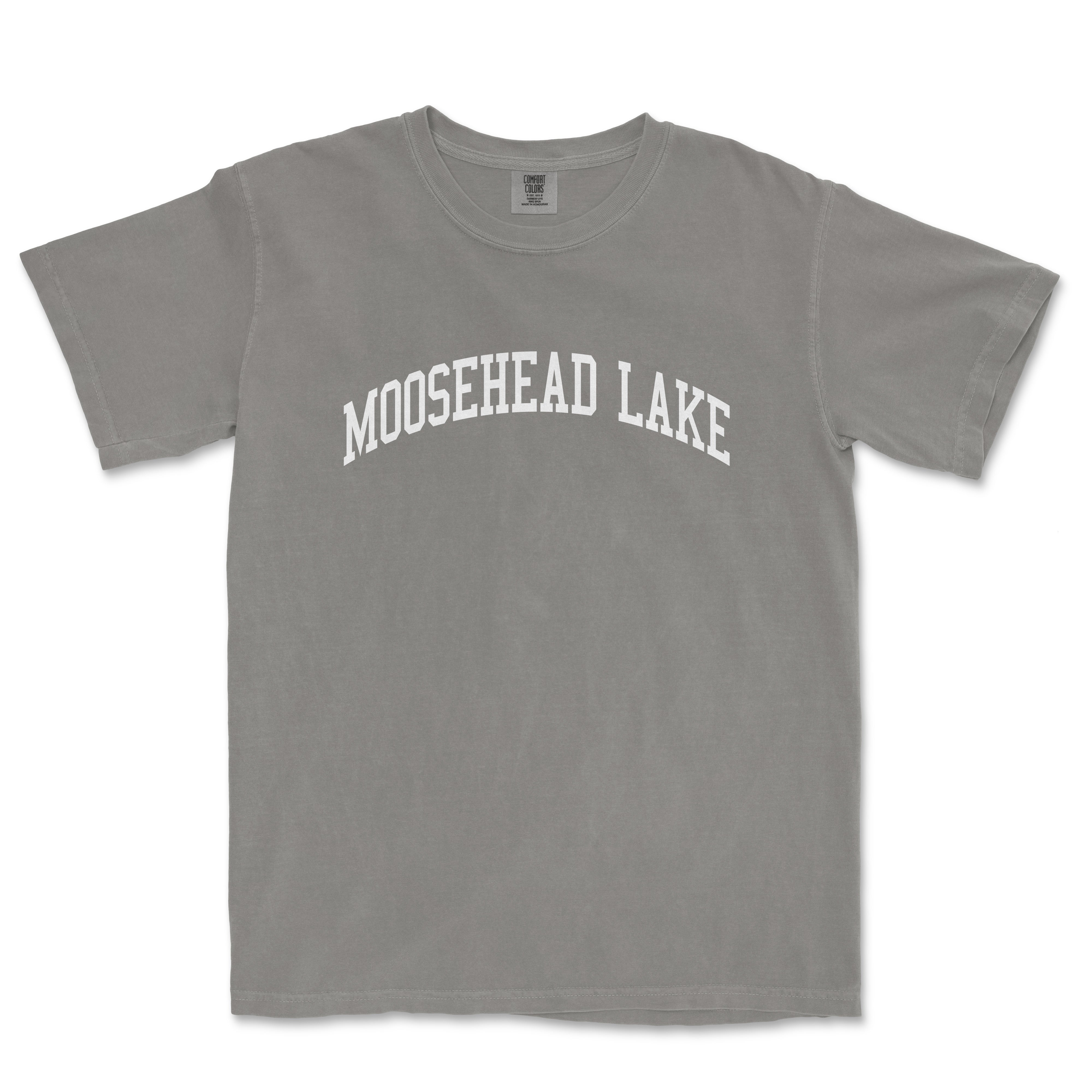 a gray t - shirt with the word mooshhead lake on it